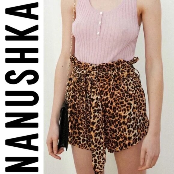 Nanushka Primrose Ocelot Leopard Animal Print Paper Bag Shorts - Picture 1 of 8